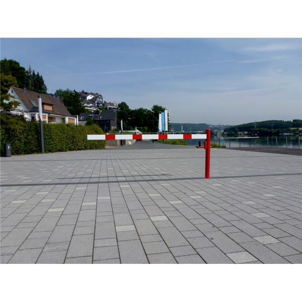 Swing barrier | with pull rope reinforcement | for casting in concrete, hot-dip galvanized and white coated with red reflecting stripes | Barrier arm length: 2500 mm | for padlock